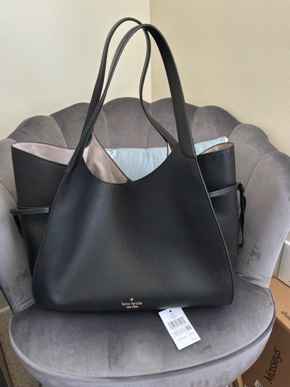 kate spade Black Pebbled Leather Tote with Pale Pink Interior